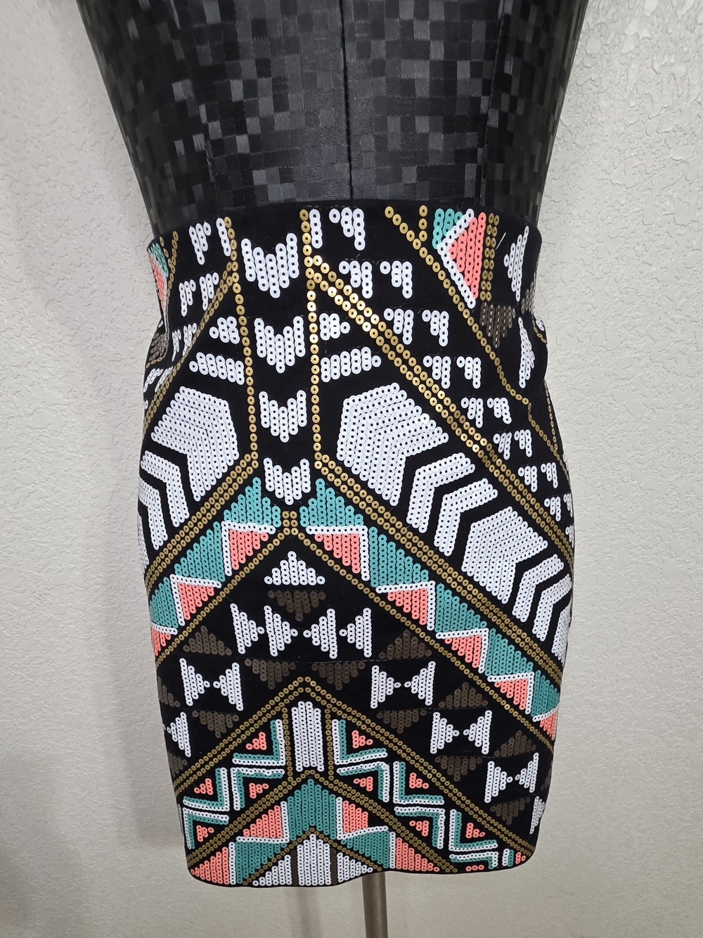 Express Geometric Sequin Mini Skirt in Black, White, Teal & Coral